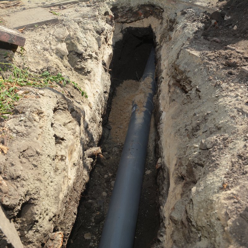 black sewer line laying in a trench in the ground